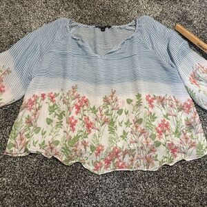 Zac & Rachel Blue Striped shear Floral Blouse woman’s 1x
